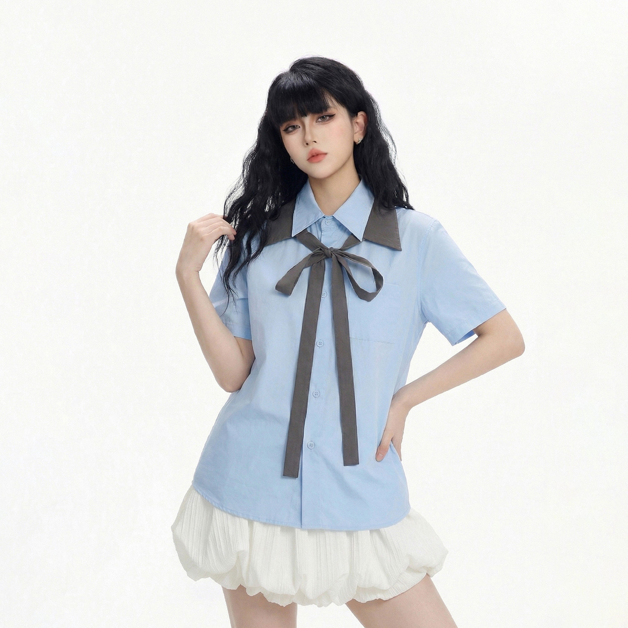 CTB啤酒队长夏季美式学院风甜妹双翻领绑带宽松袖短袖衬衫女衬衣