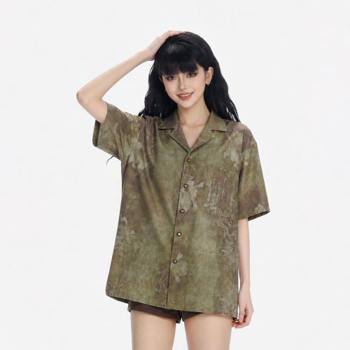 CTB啤酒队长老钱风油画古巴领短袖衬衫女夏季小众高级感休闲衬衣