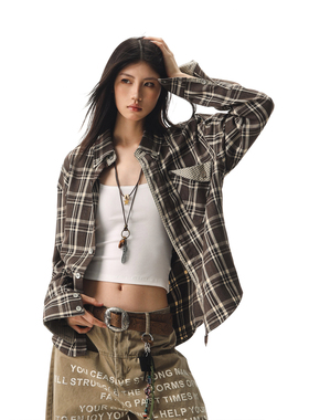 CTB啤酒队长 美式复古新钱风长袖格子衬衫女秋季设计感小众上衣潮