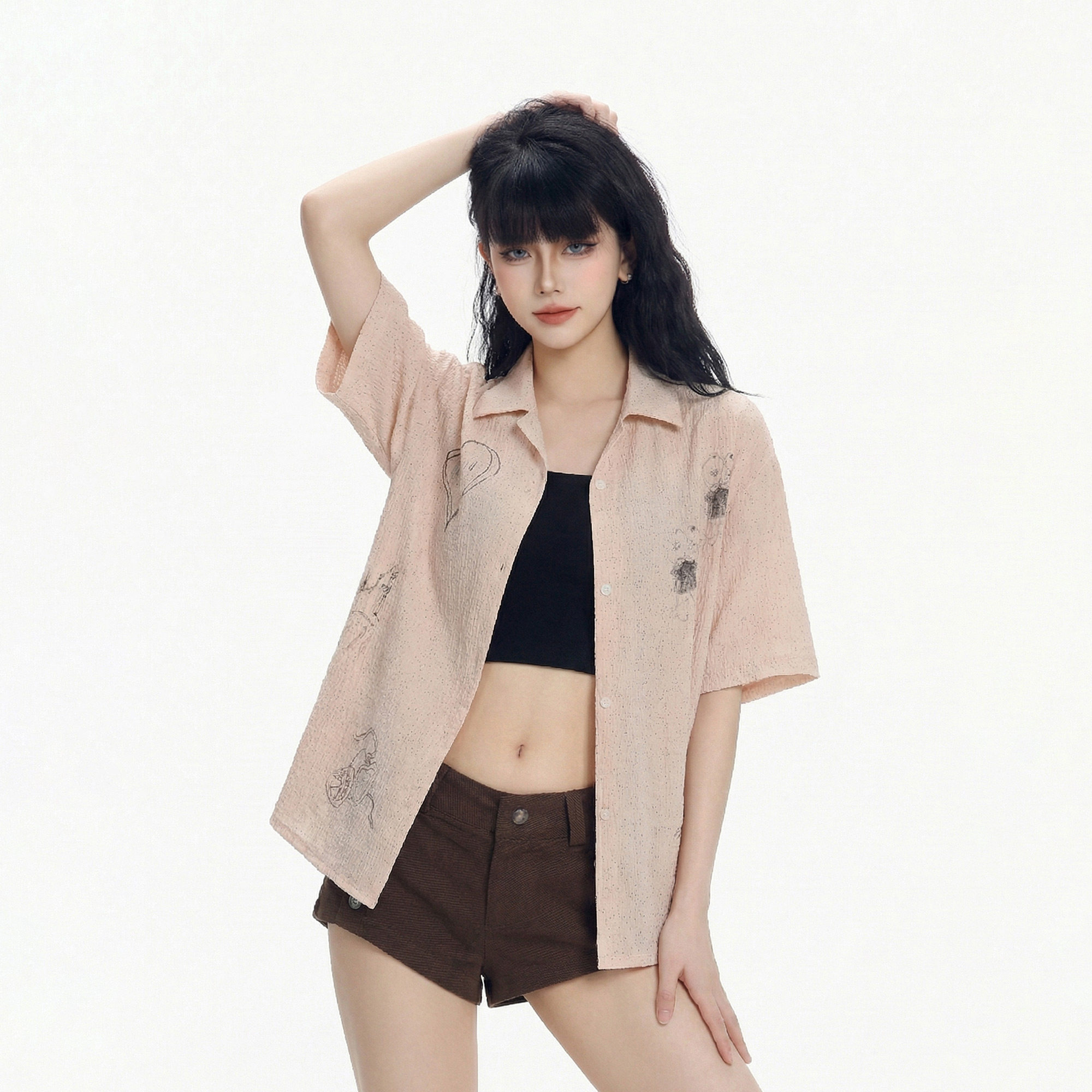 CTB啤酒队长夏季新款肌理感面料印花短袖衬衫女衬衣宽松T恤上衣潮