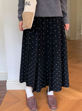 peri sea 针织黑底白点波点显瘦百褶中长裙