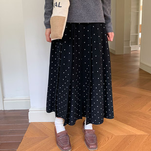 peri 针织黑底白点波点显瘦百褶中长裙 sea
