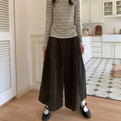 墨绿松紧腰显瘦灯芯绒阔腿裤 peri sea