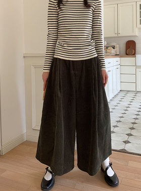 peri sea 墨绿松紧腰显瘦灯芯绒阔腿裤