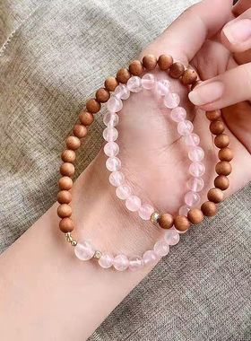 天然檀木双层手串女新中式招正桃花粉水晶转运珠国学手链直播