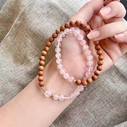天然檀木双层手串女新中式招正桃花粉水晶转运珠国学手链直播