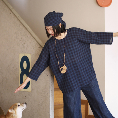 套头常规宽松型格子轻薄七分袖