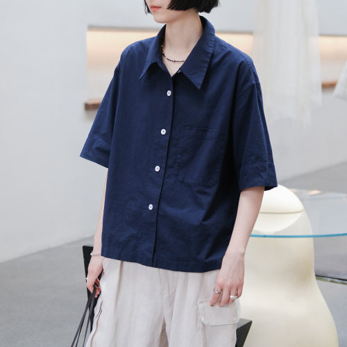 夏季棉麻短款宽松藏青短袖衬衫女