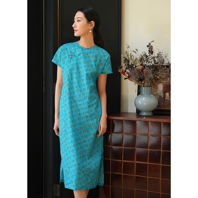 文艺旗袍裙棉几何中式连衣裙
