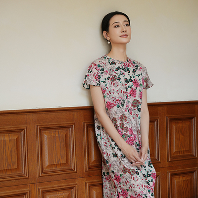 文艺宽松纯棉花卉中式旗袍裙