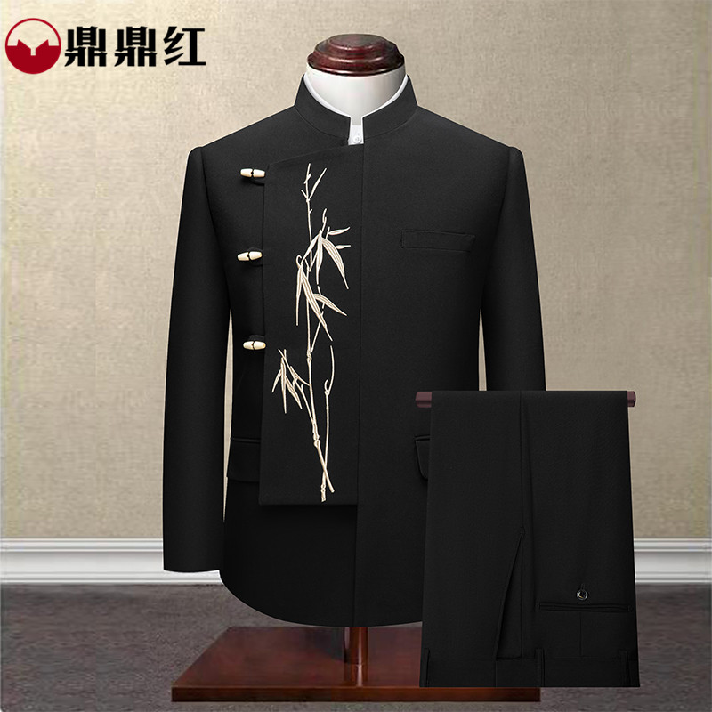 鼎鼎红新中式男士礼服订婚礼不规则西装套装国风款立领金竹中山装