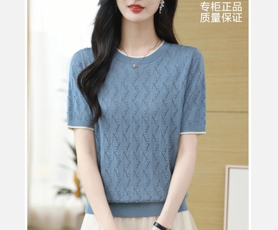 2025夏季新款时尚百搭圆领针织衫女宽松显瘦减龄短袖上衣女妈妈装