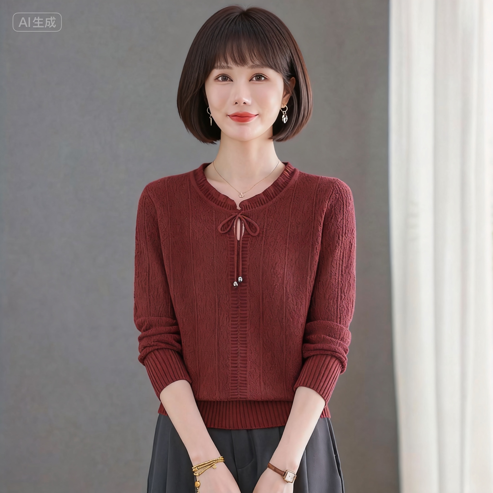 春秋冬季圆领系带针织打底衫女新款中年妈妈爆款洋气上衣百搭毛衣