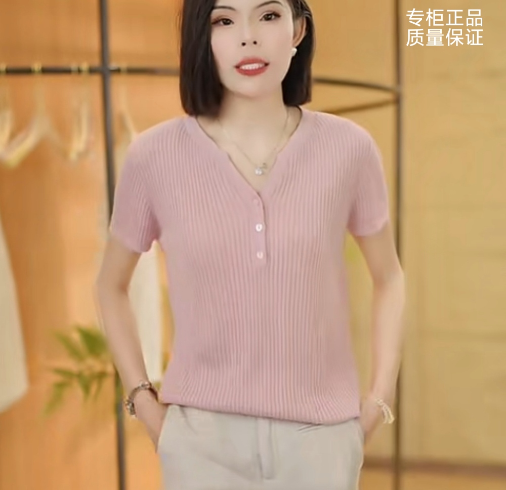 天丝新款夏季短袖针织衫女洋气小香风v领薄款冰丝宽松上衣针织衫