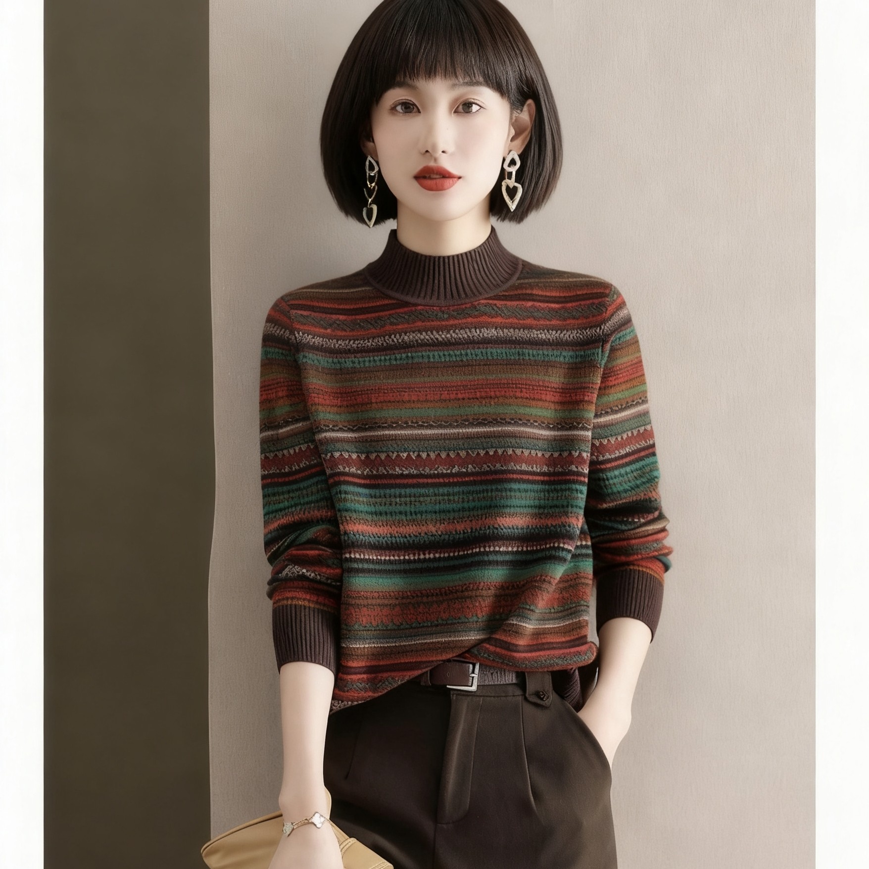复古民族风秋冬长袖网红针织时尚百搭宽松条纹半高领毛衣女