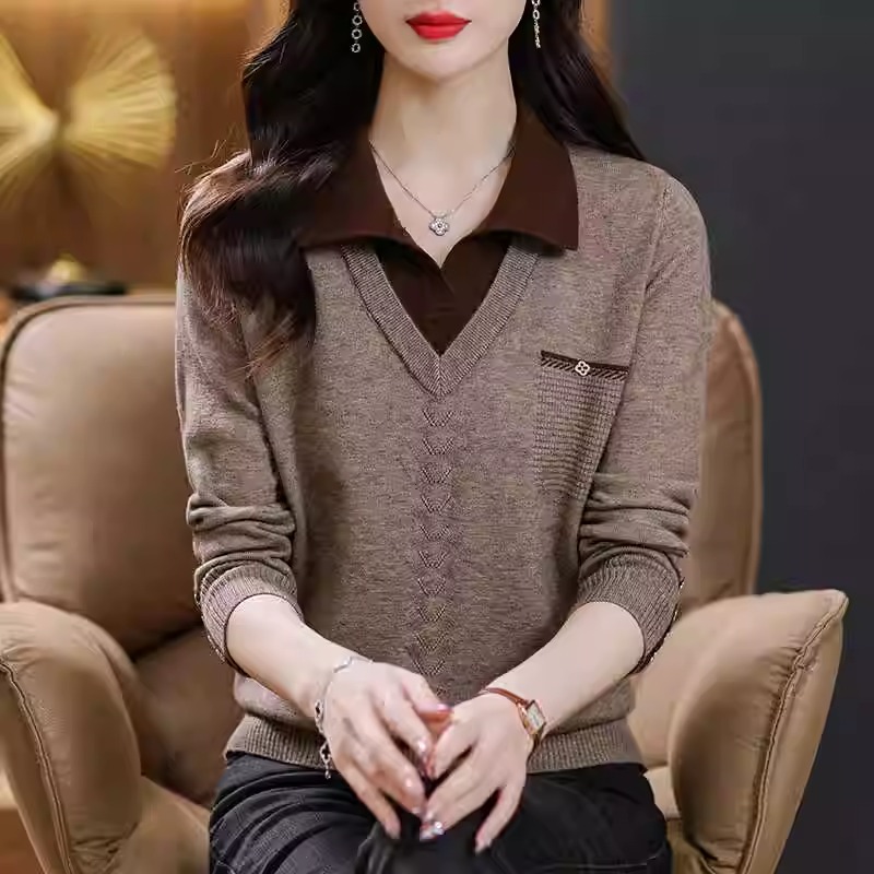 2025新款女春秋假两件翻领洋气毛衣宽松遮肉针织打底衫上衣