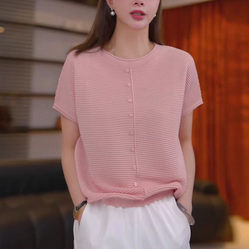冰丝面料时尚轻薄短袖女t恤新款夏季宽松显瘦圆领中年妈妈上衣