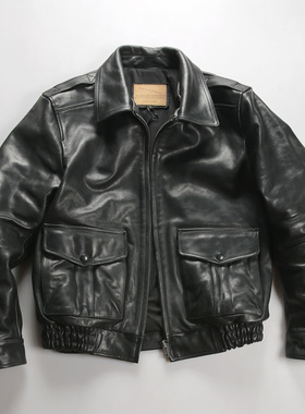 头层植鞣牛皮短款A2飞行员夹克 翻领机车皮衣真皮外套男