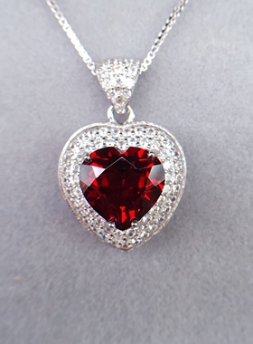 正品天然鸽血红宝石色爱心型纯银