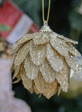 外贸出口圣诞树挂件唯美手工叶子圣诞球8cm金香槟银红白色吊球