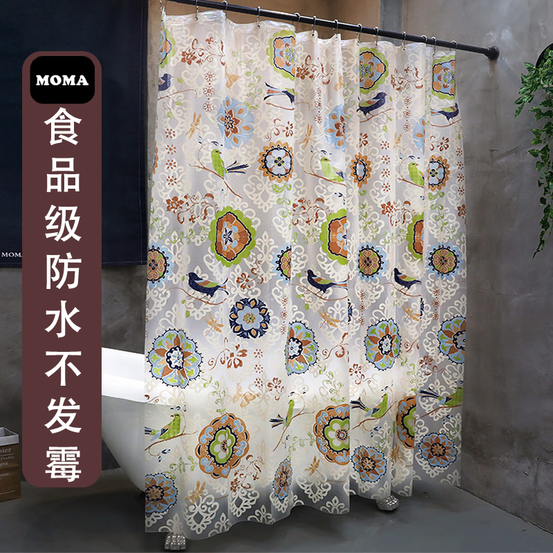 默玛浴帘eva中式复古蜡染花鸟