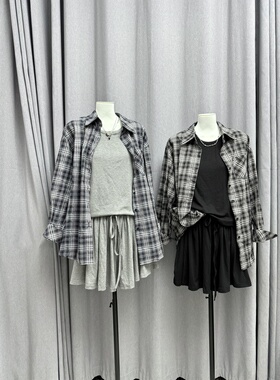 LZHOUSE 早秋格子衬衣 莫代尔背心 短裤裙 真正三件套