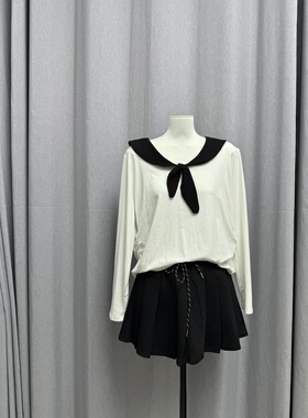 LZHOUSE 2025夏装新款娃娃领长袖T恤女宽松显瘦上衣 显瘦百褶短裙