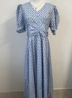 LZHOUSE 2025新款法式温柔风V领印花收腰连衣裙