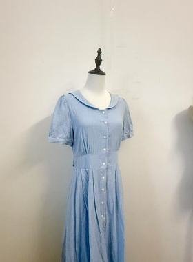 LZHOUSE 新款2025夏 学院风纯棉海军领修腰开扣连衣裙