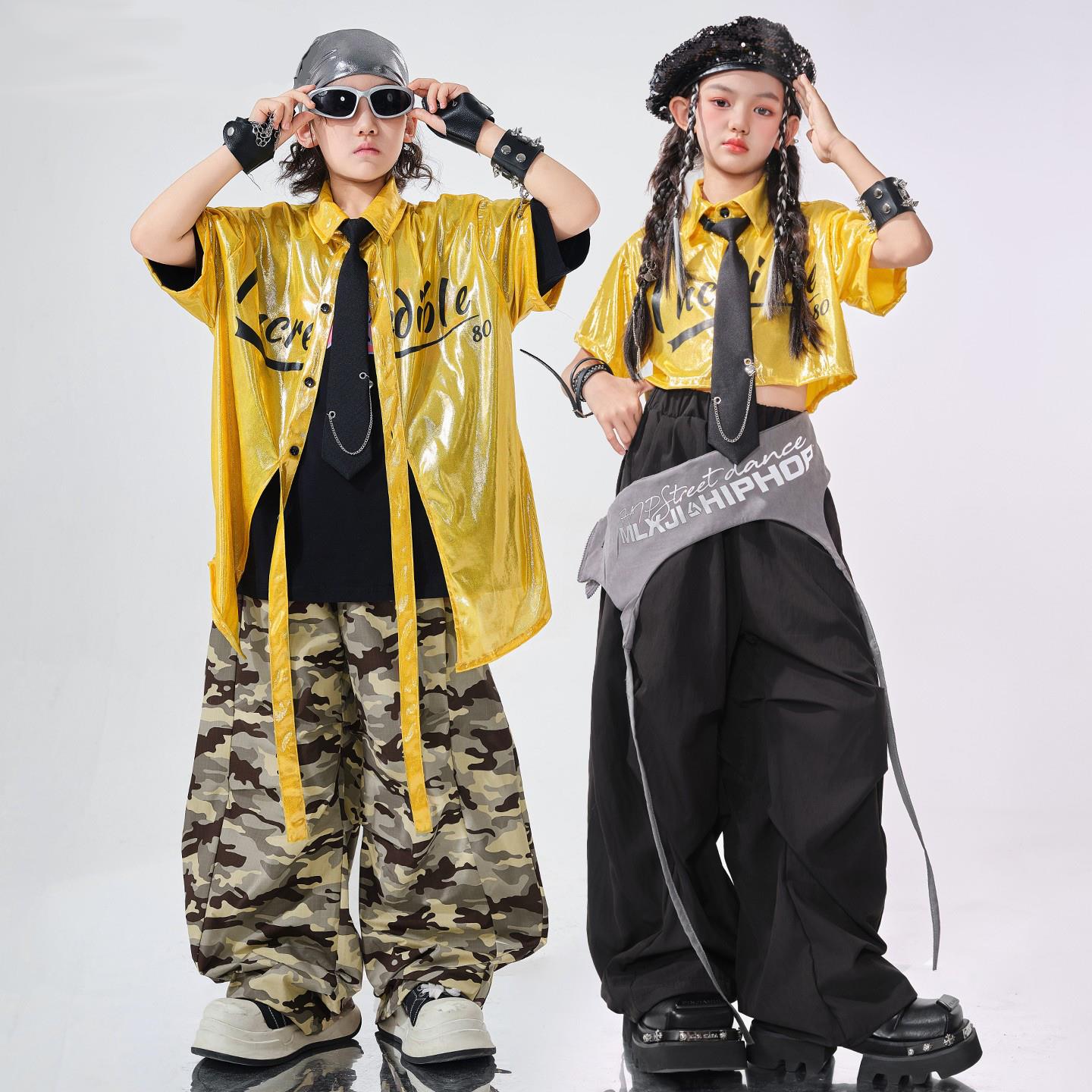 儿童街舞爵士舞黄色亮面嘻哈演出服少儿hiphop套装女童架子鼓服装