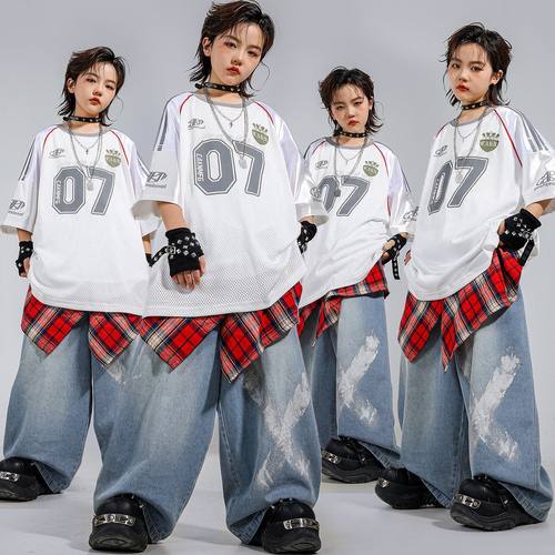 街舞儿童潮服男童宽松牛仔裤嘻哈套装帅气女童爵士舞少儿演出服装