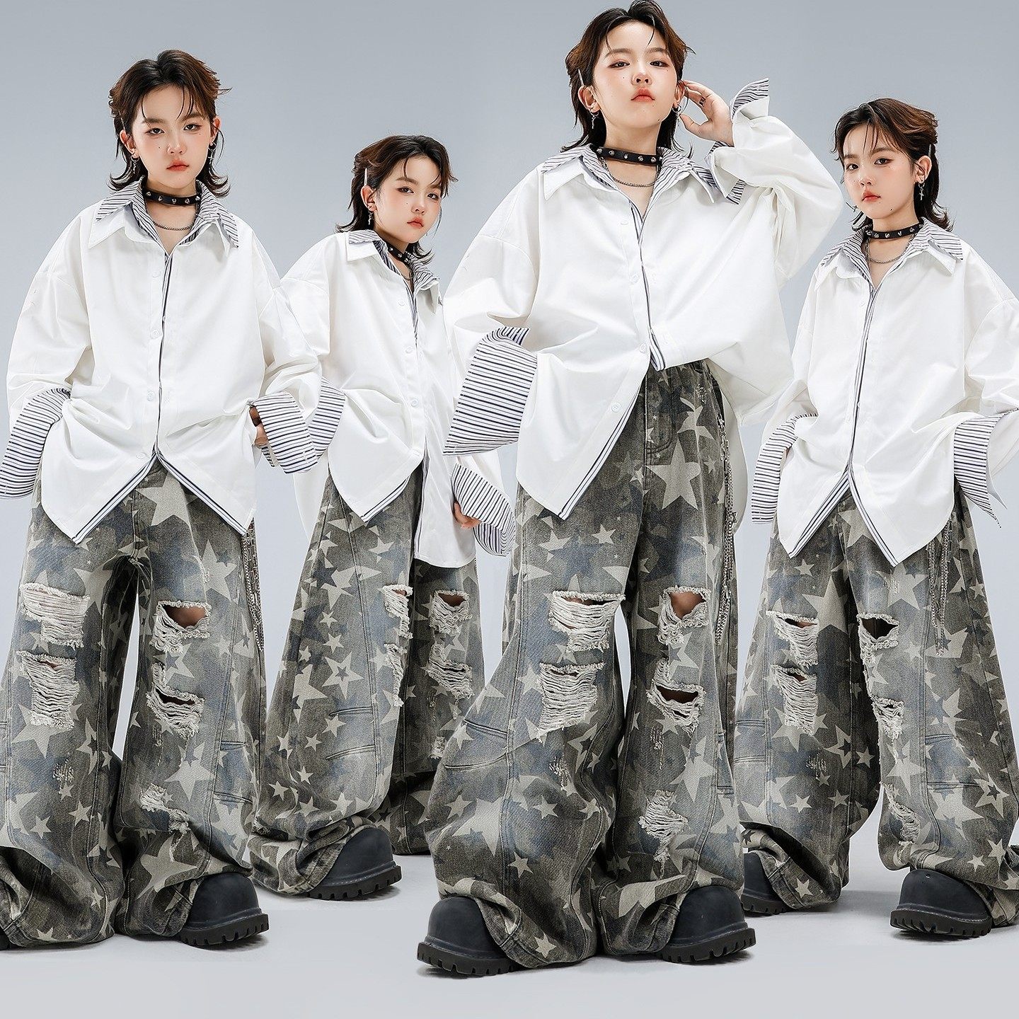 儿童街舞潮服嘻哈男童长袖衬衫元旦表演服套装hiphop酷帅演出服装