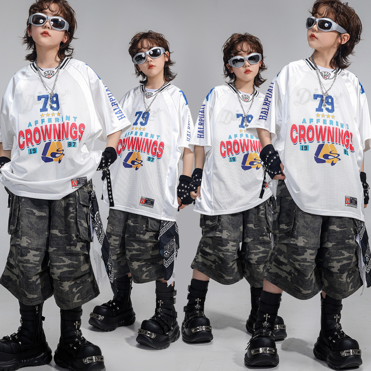少儿街舞服装男童嘻哈潮牌童装短袖女孩套装hiphop儿童潮服演出服