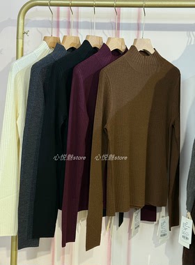 J家 美丽奴羊毛18针坑条烟管领气质修身显瘦针织打底衫76318