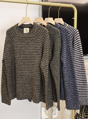 J家 山羊绒3针单边圈圈纱休闲条纹保暖圆领套头针织上衣16756