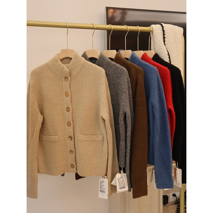 J家 山羊绒7针元宝针优雅半高圆领保暖针织开衫外套16606