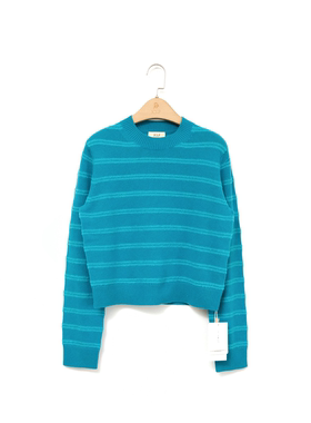 J家 7针单边羊绒撞色条纹时尚减龄显瘦圆领针织套头上衣16719