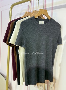 J家 美丽奴羊毛18针坑条修身气质优雅百搭针织短袖上衣76320