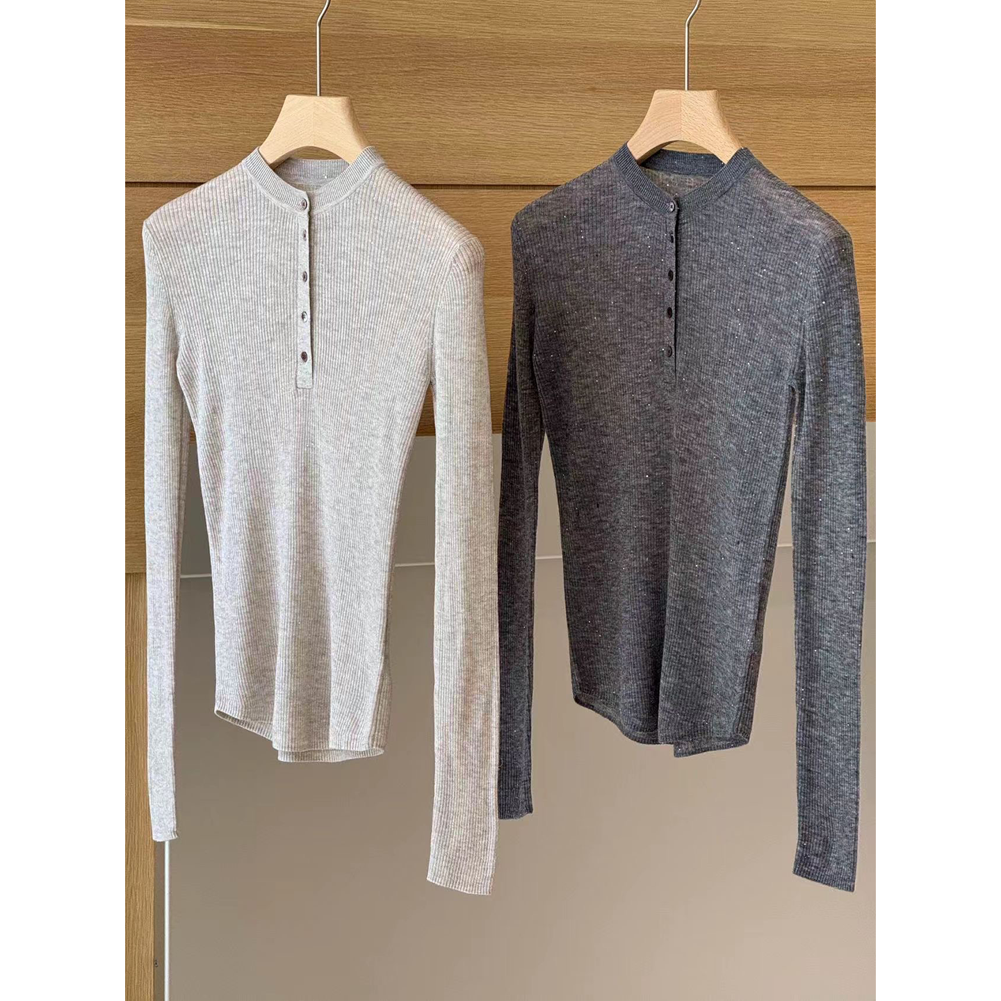 优雅韩版细珠片水溶羊毛亨利领套头修身轻薄针织打底衫