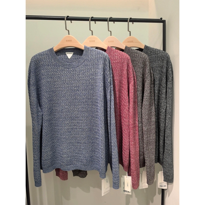 BBE礼贝 14针扭绳羊毛亚麻圆领套头基础雅致针织上衣3028