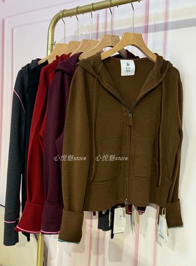 J家 18针四平针美丽奴羊毛连帽拉链休闲针织开衫短外套76302