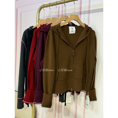 J家 18针四平针美丽奴羊毛连帽拉链休闲针织开衫短外套76302