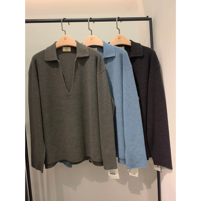 J家 重磅山羊绒12针元宝针翻领深V领宽松针织套头上衣66650