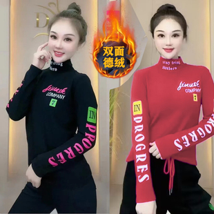 德绒秋冬气质半高领字母印花长袖T恤女韩版修身显瘦百搭洋气上衣