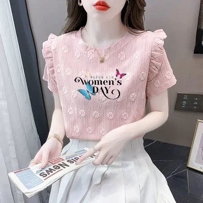 粉色显廋设计感荷叶边短袖t恤女夏季高级小众宽松别致提花上衣潮
