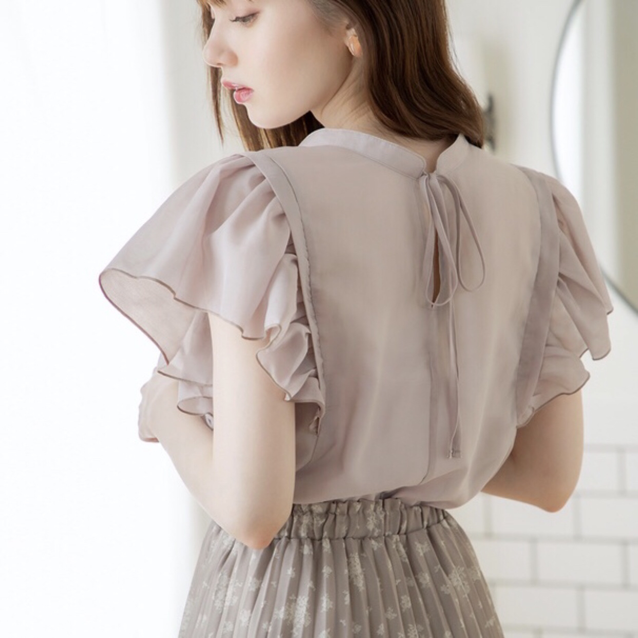 日本GRL 荷葉袖後绑帶兩件式雪纺上衣 3色