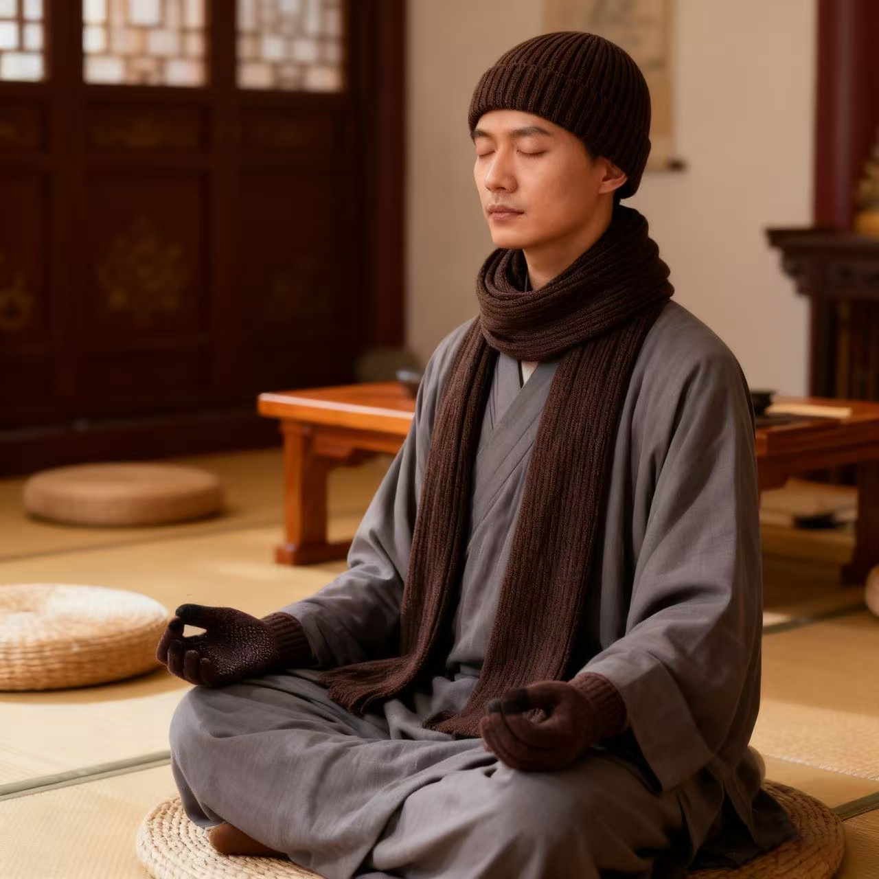 冬季出家僧人保暖帽子围巾手套三件套加绒僧帽居士帽比丘尼和尚帽