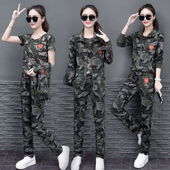 两件套水兵舞时尚 休闲运动修身 全棉迷彩女三件套高弹力大码 春秋款