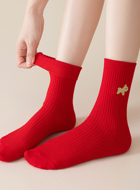 马年新年款大红色中筒袜子女保暖吸汗刺绣本命年袜属马礼物鸿运袜