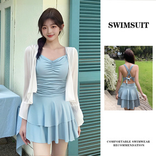 泳衣新款 纯色保守显瘦少女甜美遮肉遮肚温泉泳衣 连体两件套装